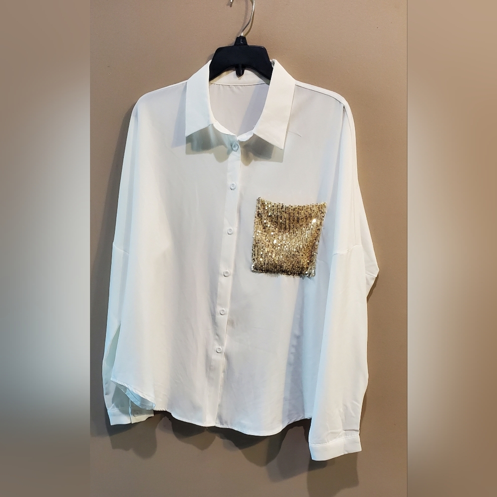 SHEIN White Blouse with Gold Sequin Pocket